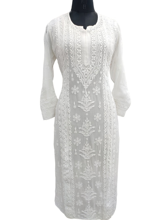 Shyamal Chikan Hand Embroidered White Viscose Georgette Lucknowi Chikankari Kurti With Crosia Work  - 23854