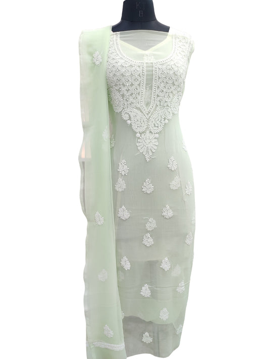 Shyamal Chikan Hand Embroidered Sea Green Georgette Lucknowi Chikankari Unstitched Suit Piece - 24095