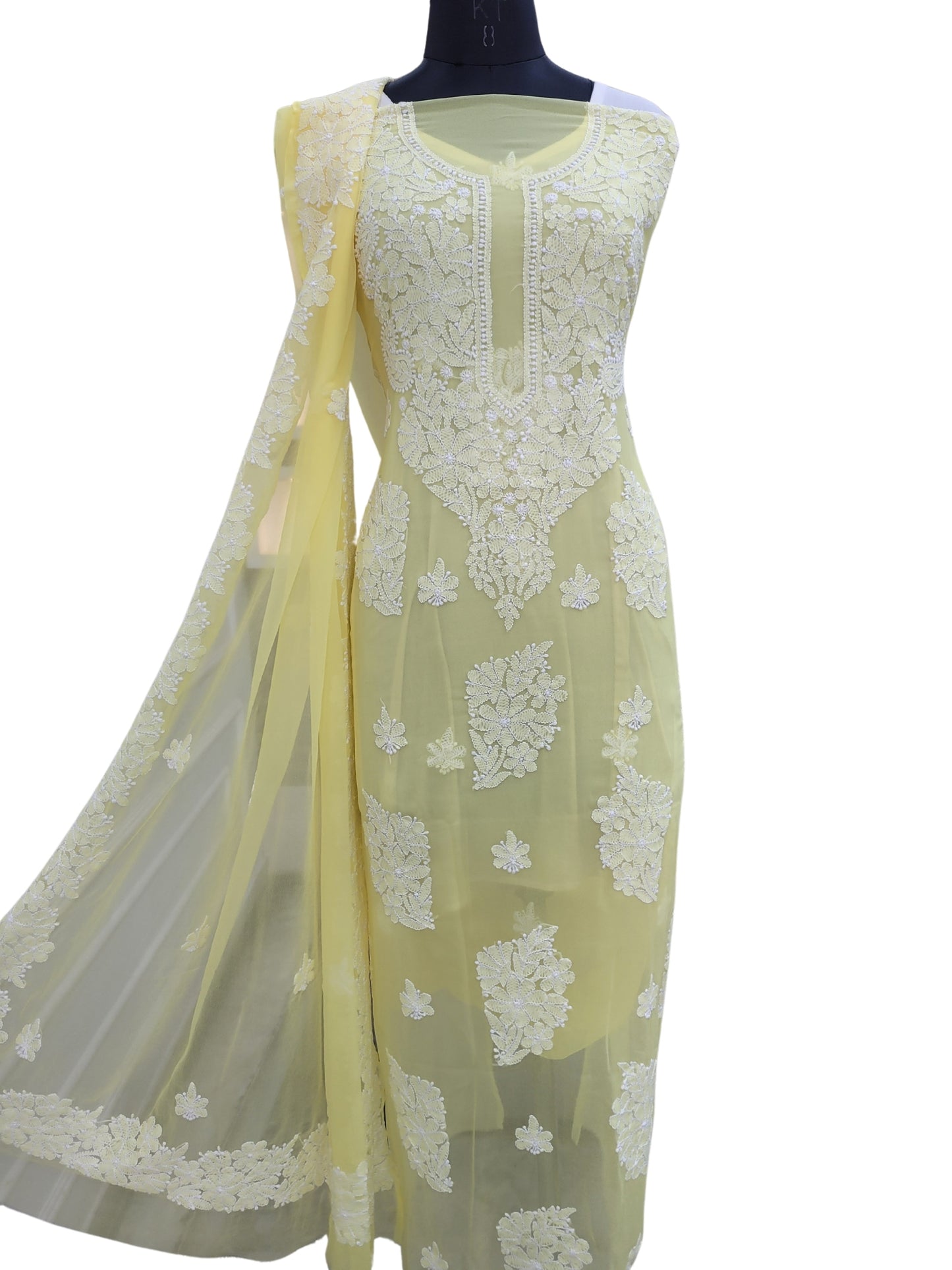 Shyamal Chikan Hand Embroidered Yellow Georgette Lucknowi Chikankari Unstitched Suit Piece With Four Side Border Dupatta - S24393