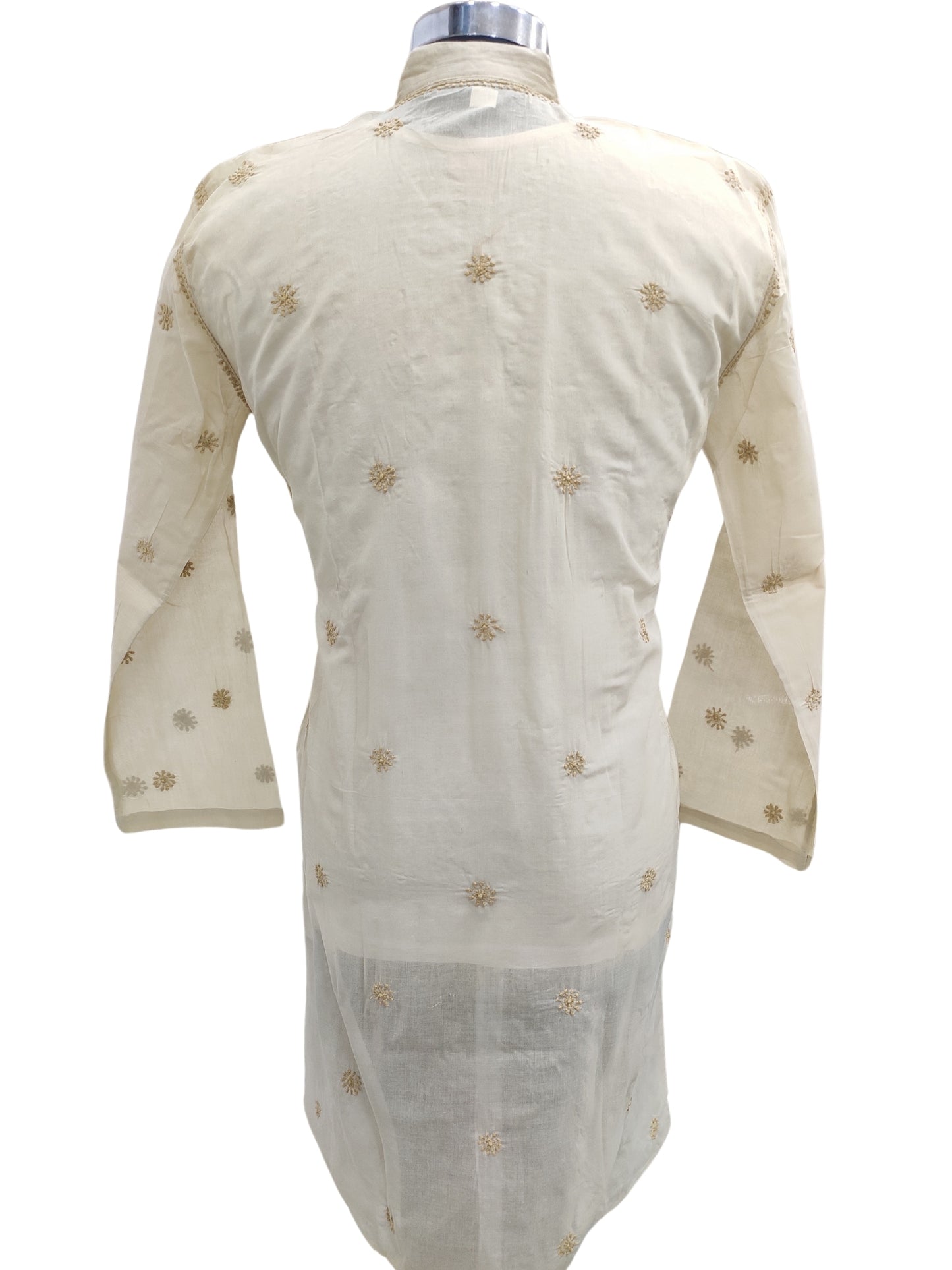 Shyamal Chikan Hand Embroidered Beige Cotton Lucknowi Chikankari Men's Kurta With Daraz Work S23455