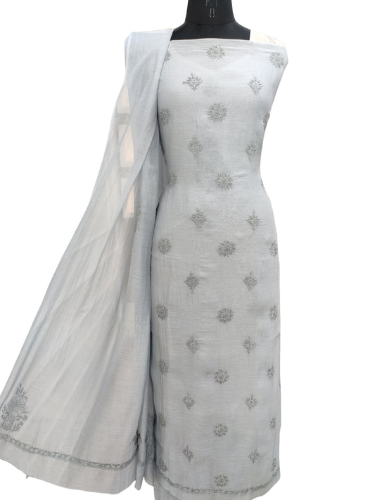 Shyamal Chikan Hand Embroidered Grey Mul Chanderi Lucknowi Chikankari Unstitched Suit Piece ( Kurta Dupatta Set ) - S20924