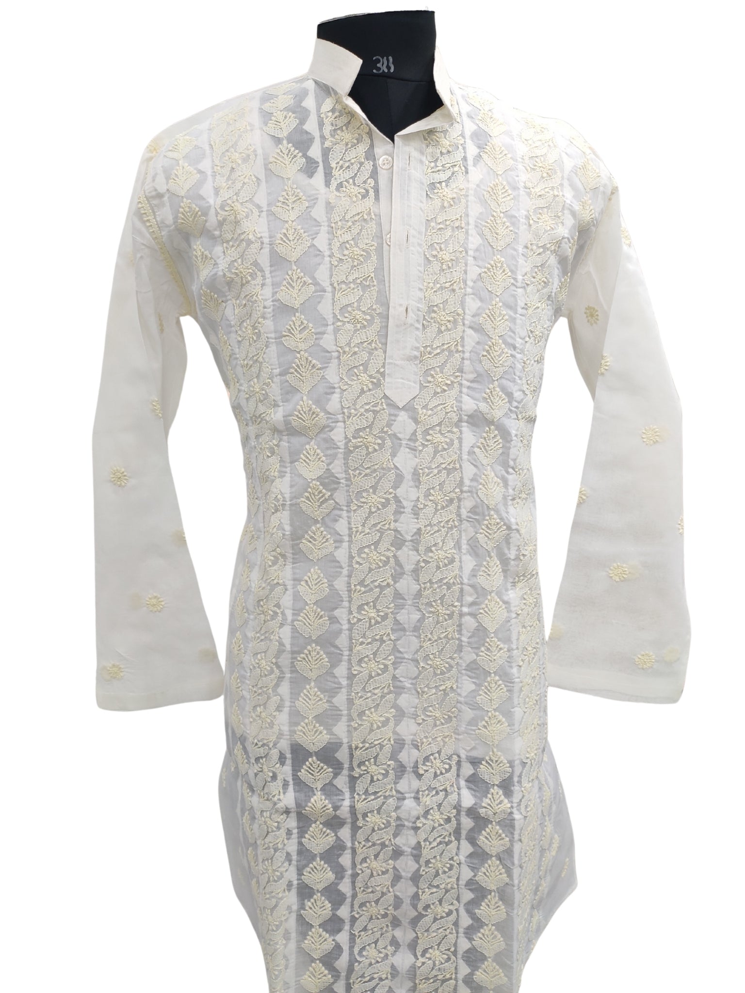 Shyamal Chikan Hand Embroidered Lemon Cotton Lucknowi Chikankari Men's Kurta With Daraz Work S23456