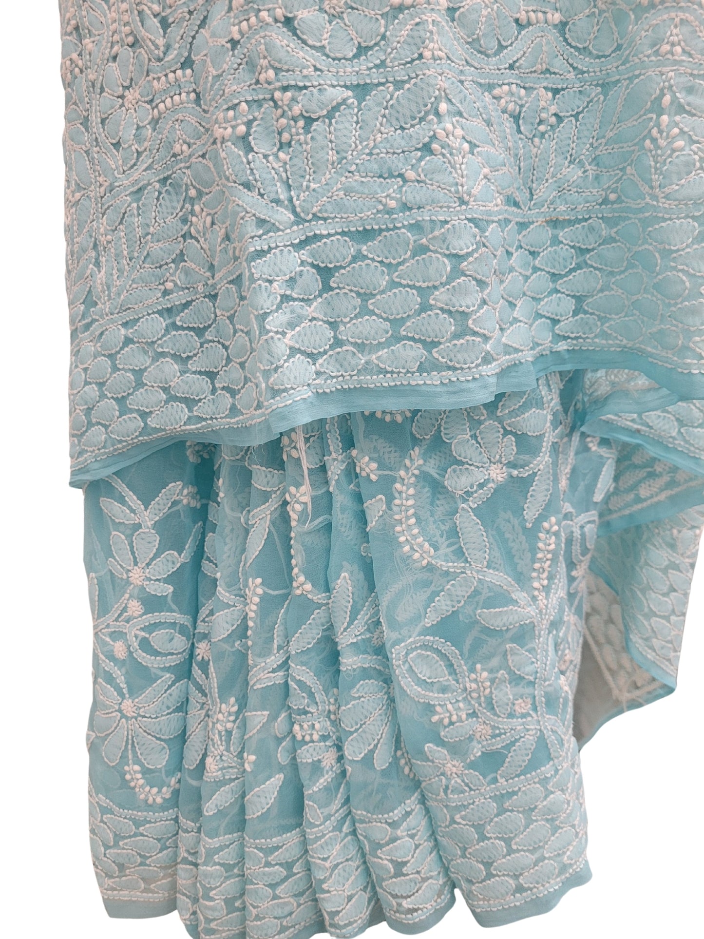 Shyamal Chikan Hand Embroidered Blue Georgette Lucknowi Chikankari Full Jaal Saree With Blouse Piece - S25199