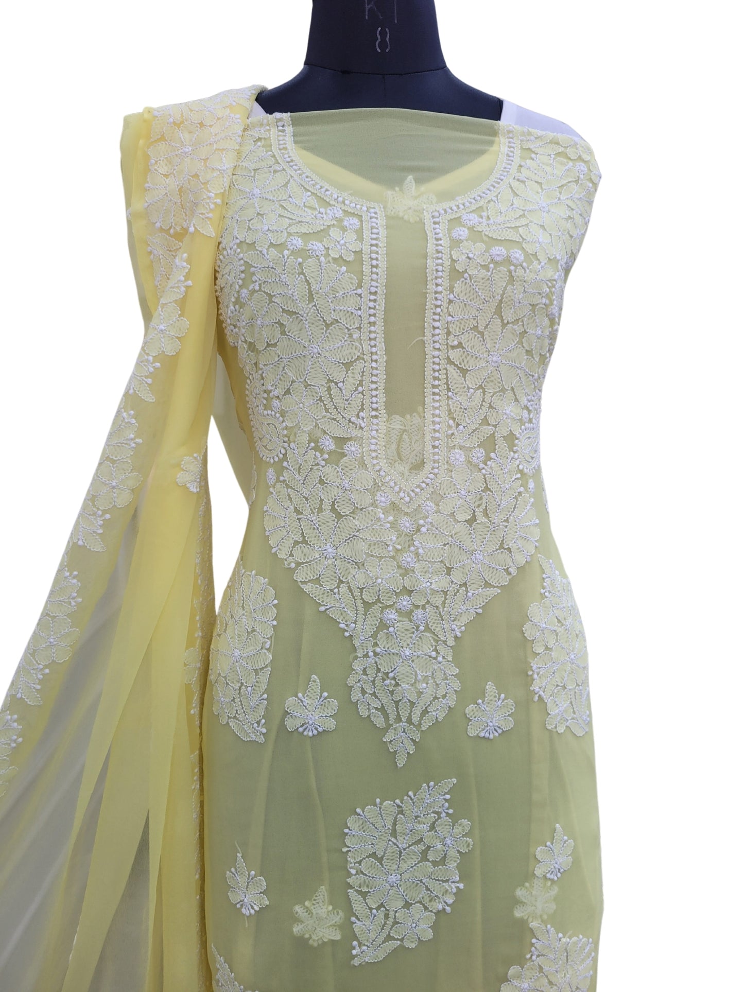 Shyamal Chikan Hand Embroidered Yellow Georgette Lucknowi Chikankari Unstitched Suit Piece With Four Side Border Dupatta - S24393