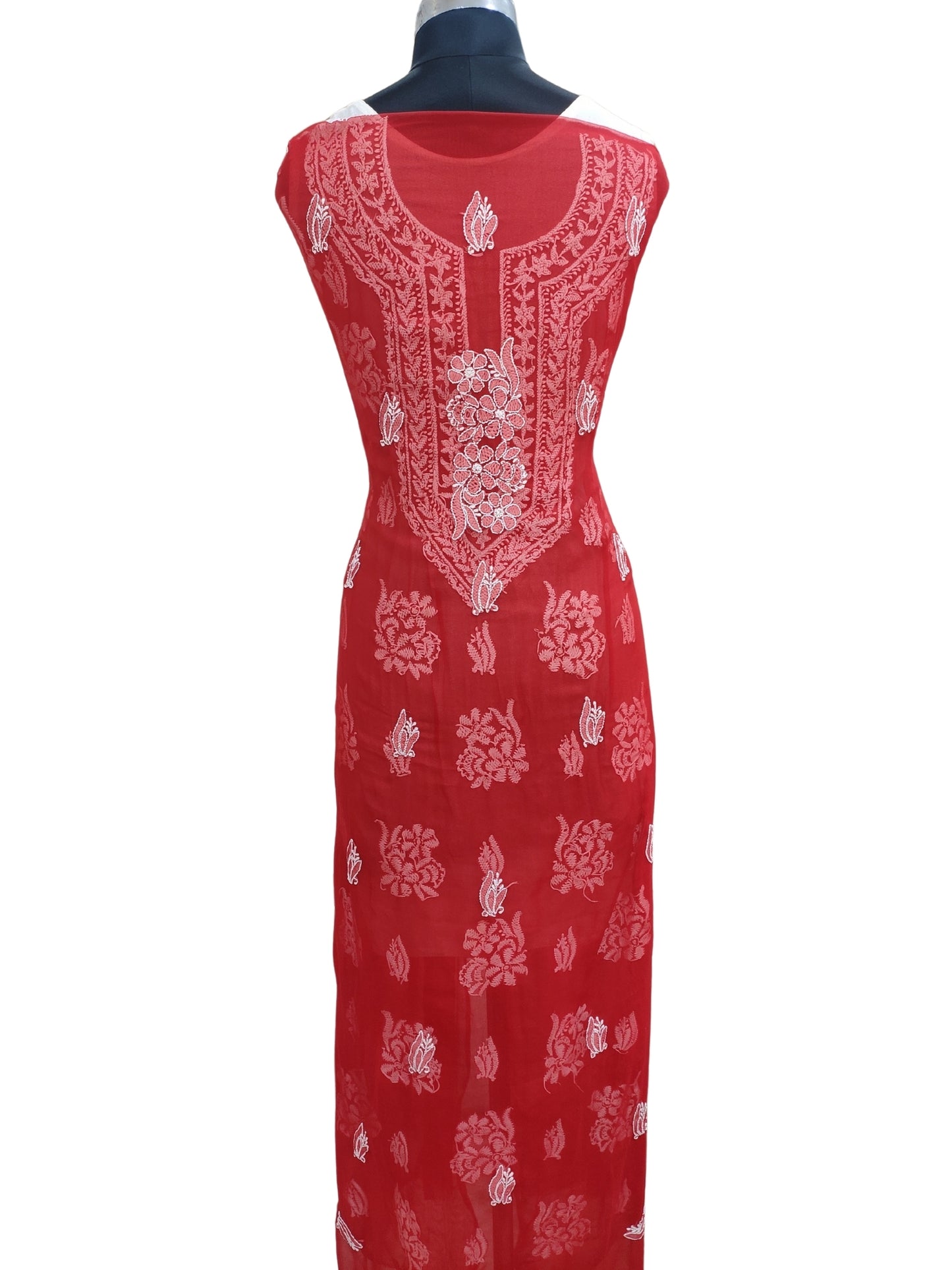 Shyamal Chikan Hand Embroidered Red Georgette Lucknowi Chikankari Unstitched Suit Piece With Heavy Dupatta - S25446