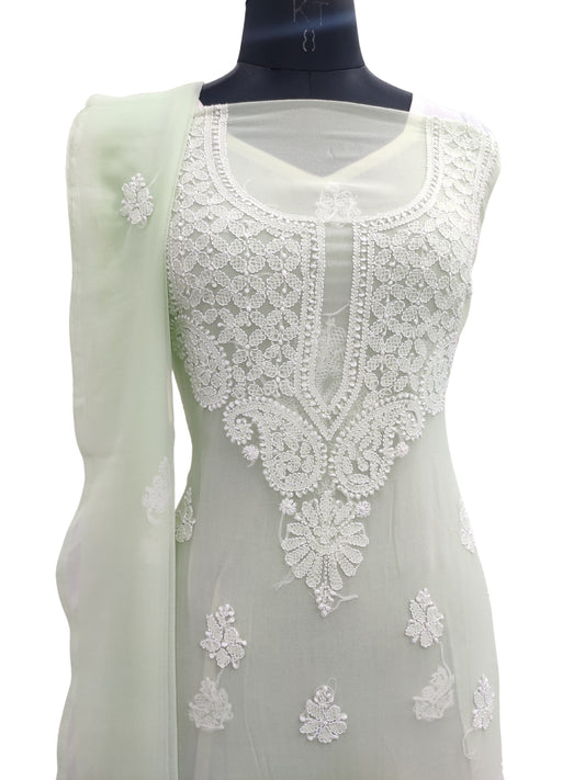 Shyamal Chikan Hand Embroidered Sea Green Georgette Lucknowi Chikankari Unstitched Suit Piece - S24095