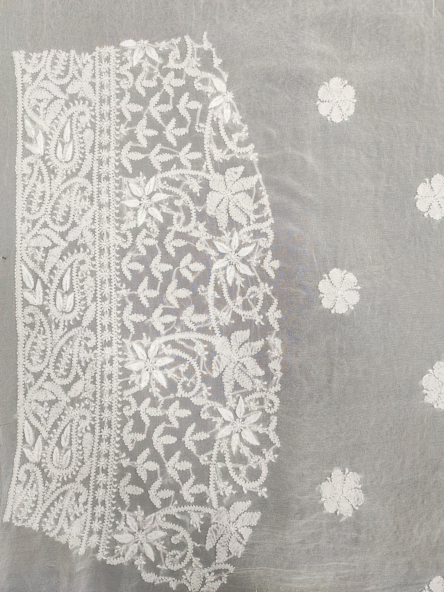 Shyamal Chikan Hand Embroidered White Pure Georgette Lucknowi Chikankari Saree With Blouse Piece  - S20823