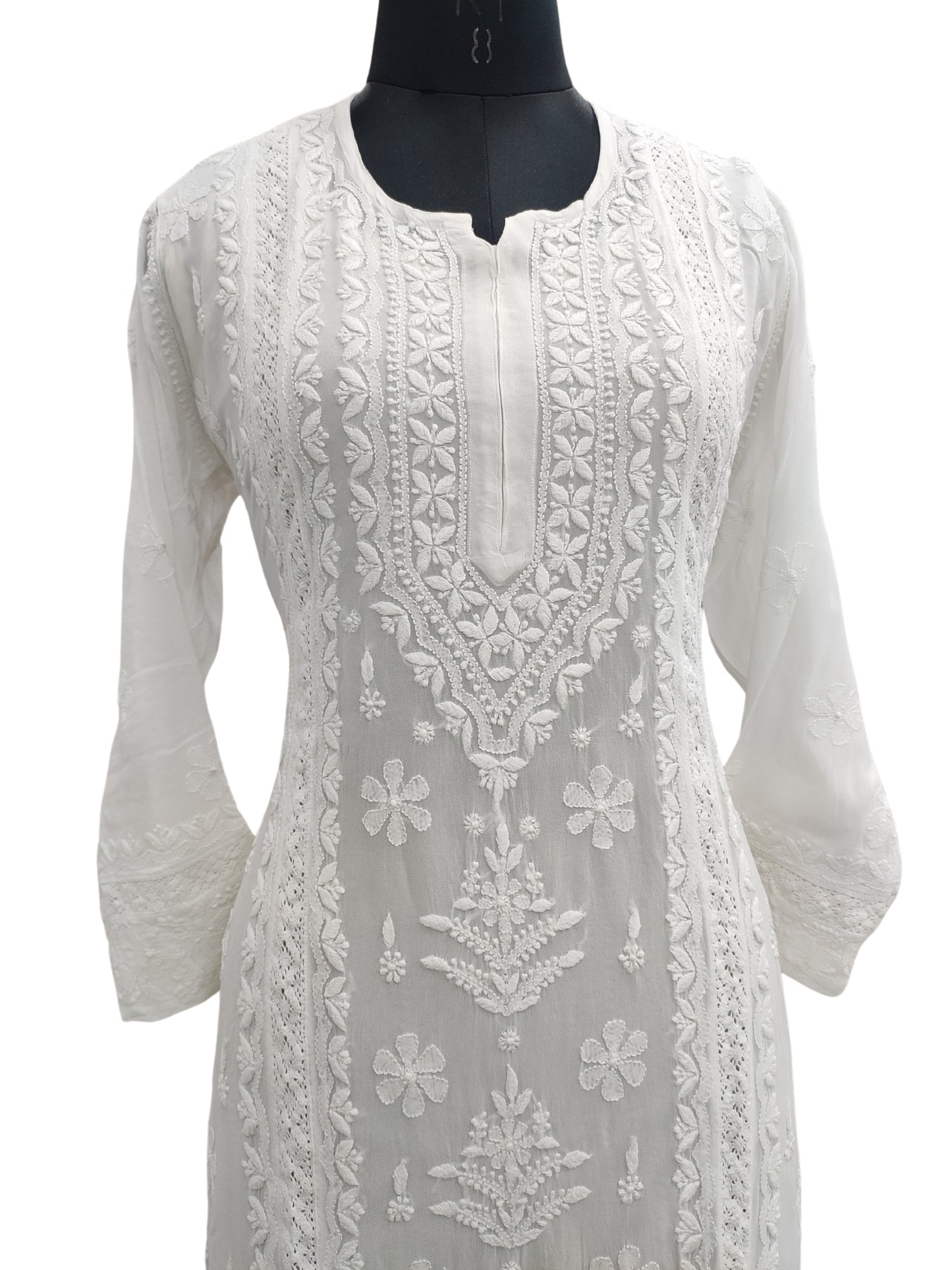 Shyamal Chikan Hand Embroidered White Viscose Georgette Lucknowi Chikankari Kurti With Crosia Work - S23854