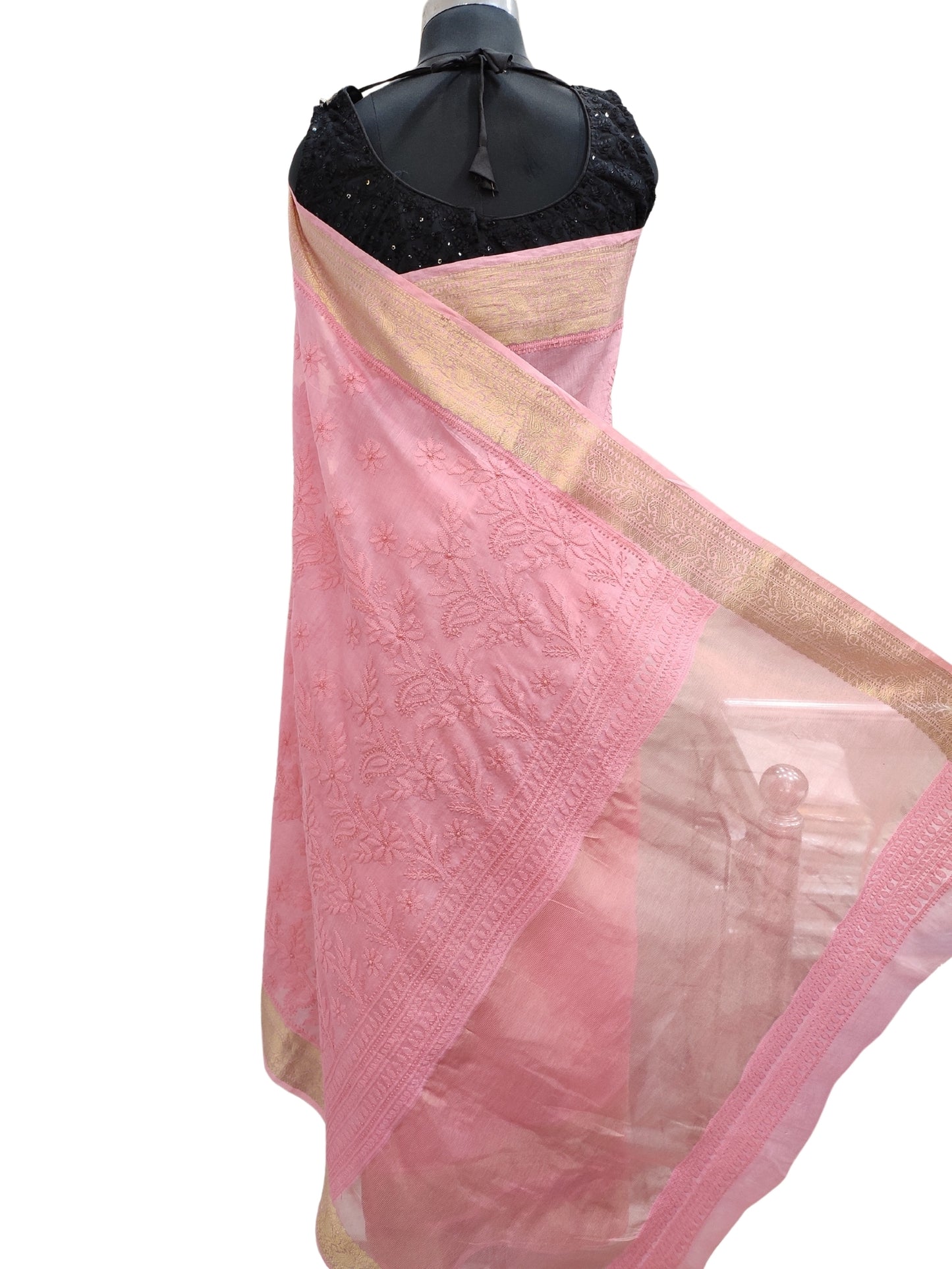 Shyamal Chikan Hand Embroidered Pink Mul Chanderi Lucknowi Chikankari Saree With Blouse Piece - S21157