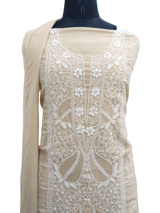 Shyamal Chikan Hand Embroidered Beige Cotton Lucknowi Chikankari Unstitched Suit Piece With Jaali Work- S22221