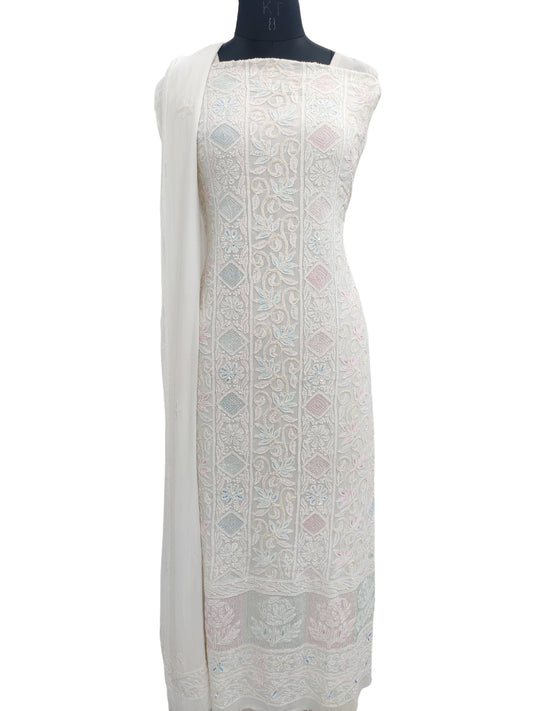 Shyamal Chikan Hand Embroidered White Viscose Georgette Lucknowi Chikankari Unstitched Suit Piece With Pearl and Cutdana Work ( Set of 2 ) - S20464