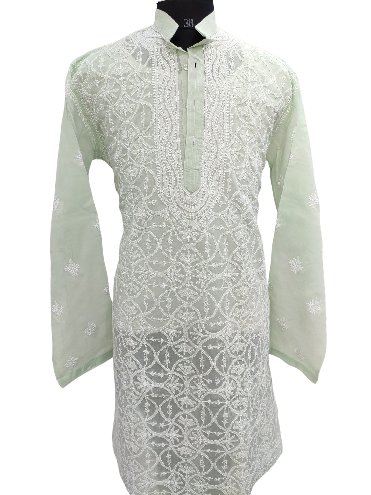 Shyamal Chikan Hand Embroidered Green Cotton Lucknowi Chikankari Men's Kurta –S22667