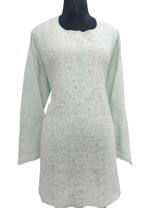 Shyamal Chikan Hand Embroidered Green Pure Cotton Lucknowi Chikankari semi stitched Short Top- S23181