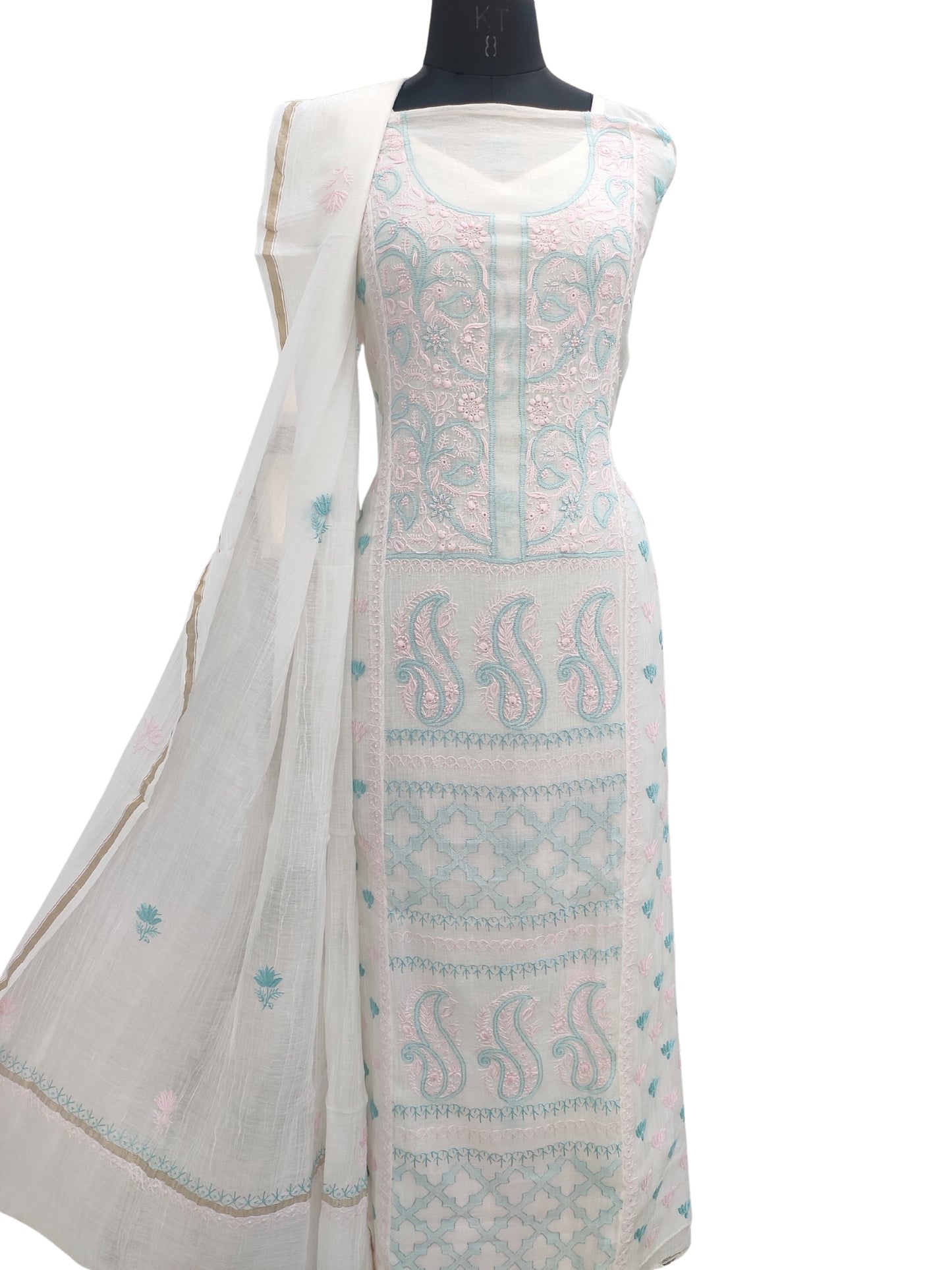 Shyamal Chikan Hand Embroidered White Mul Chanderi Lucknowi Chikankari semi stitched Suit Piece (Kurta Dupatta Set) - S24055