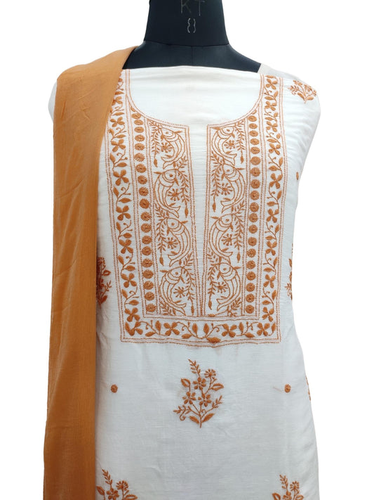 Shyamal Chikan Hand Embroidered White Lenin Chanderi Lucknowi Chikankari Unstitched Suit Piece - S20860