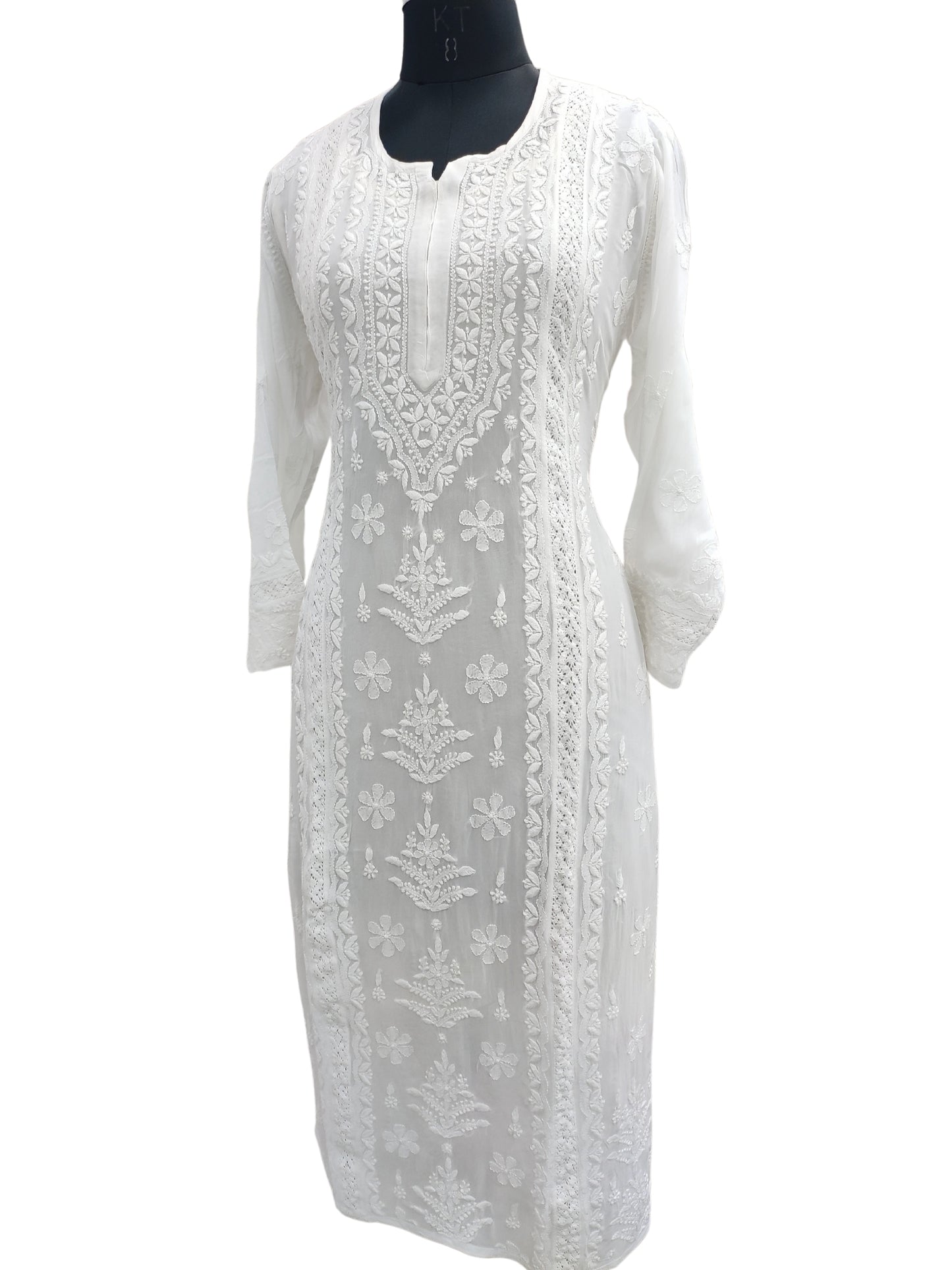 Shyamal Chikan Hand Embroidered White Viscose Georgette Lucknowi Chikankari Kurti With Crosia Work - S23854