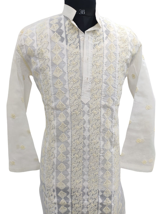 Shyamal Chikan Hand Embroidered Lemon Cotton Lucknowi Chikankari Men's Kurta With Daraz Work S23456