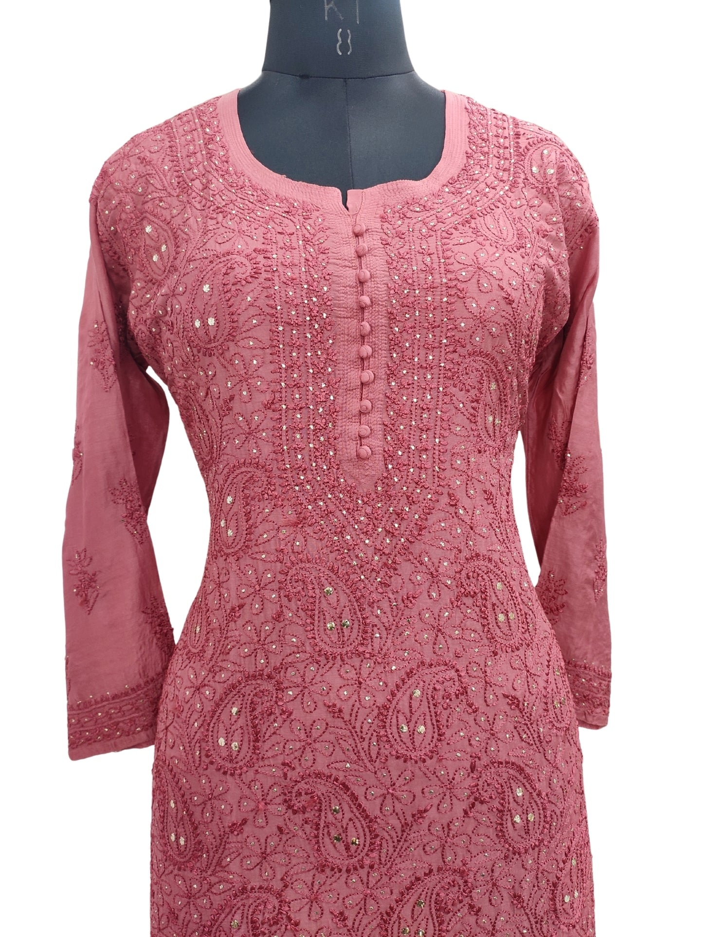 Shyamal Chikan Hand Embroidered Red Muslin Lucknowi Chikankari Kurti With Mukaish Work - 23927