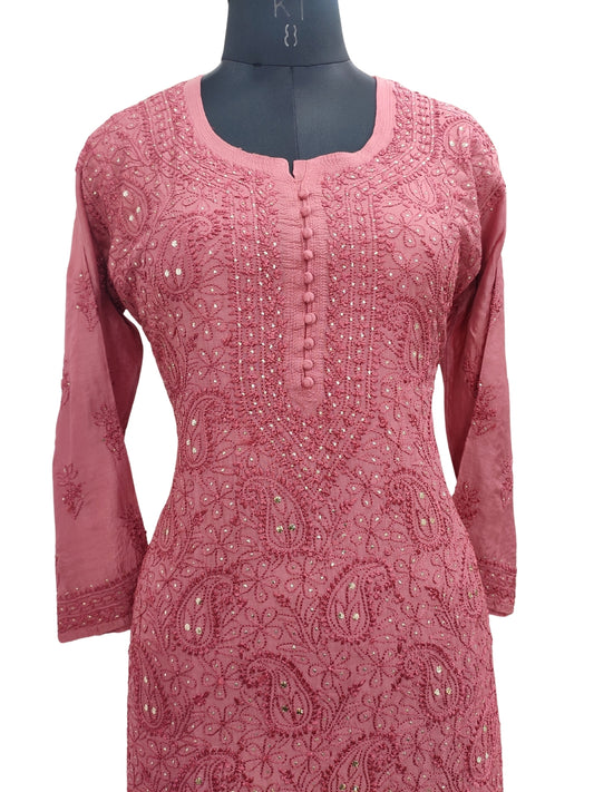 Shyamal Chikan Hand Embroidered Red Muslin Lucknowi Chikankari Kurti With Mukaish Work - S23927