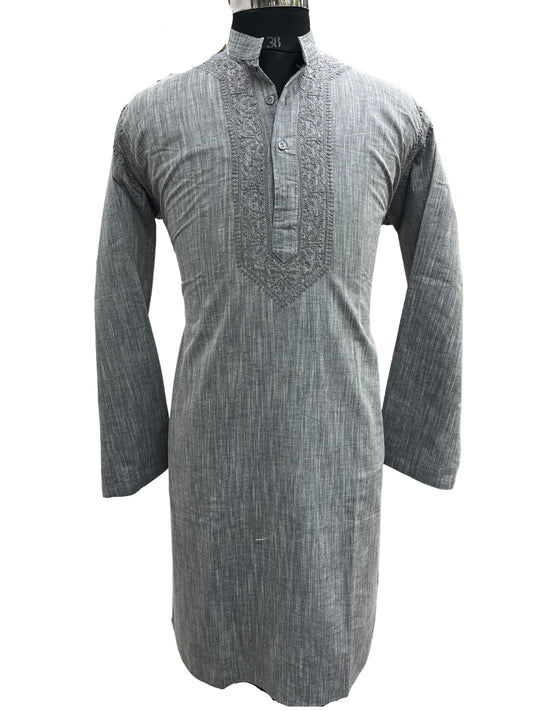 Shyamal Chikan Hand Embroidered Grey Cotton Lucknowi Chikankari Men's Kurta– S20665