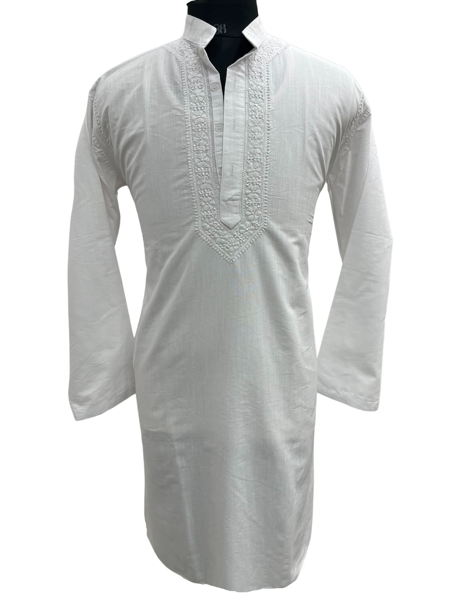 Shyamal Chikan Hand Embroidered White Cotton Lucknowi Chikankari Men's Kurta– S20669