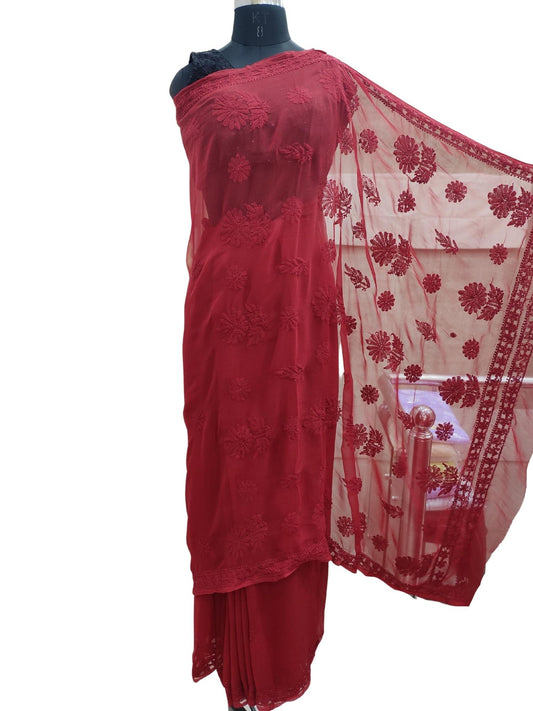 Shyamal Chikan Hand Embroidered Maroon Georgette Lucknowi Chikankari Saree With Blouse Piece - S21326
