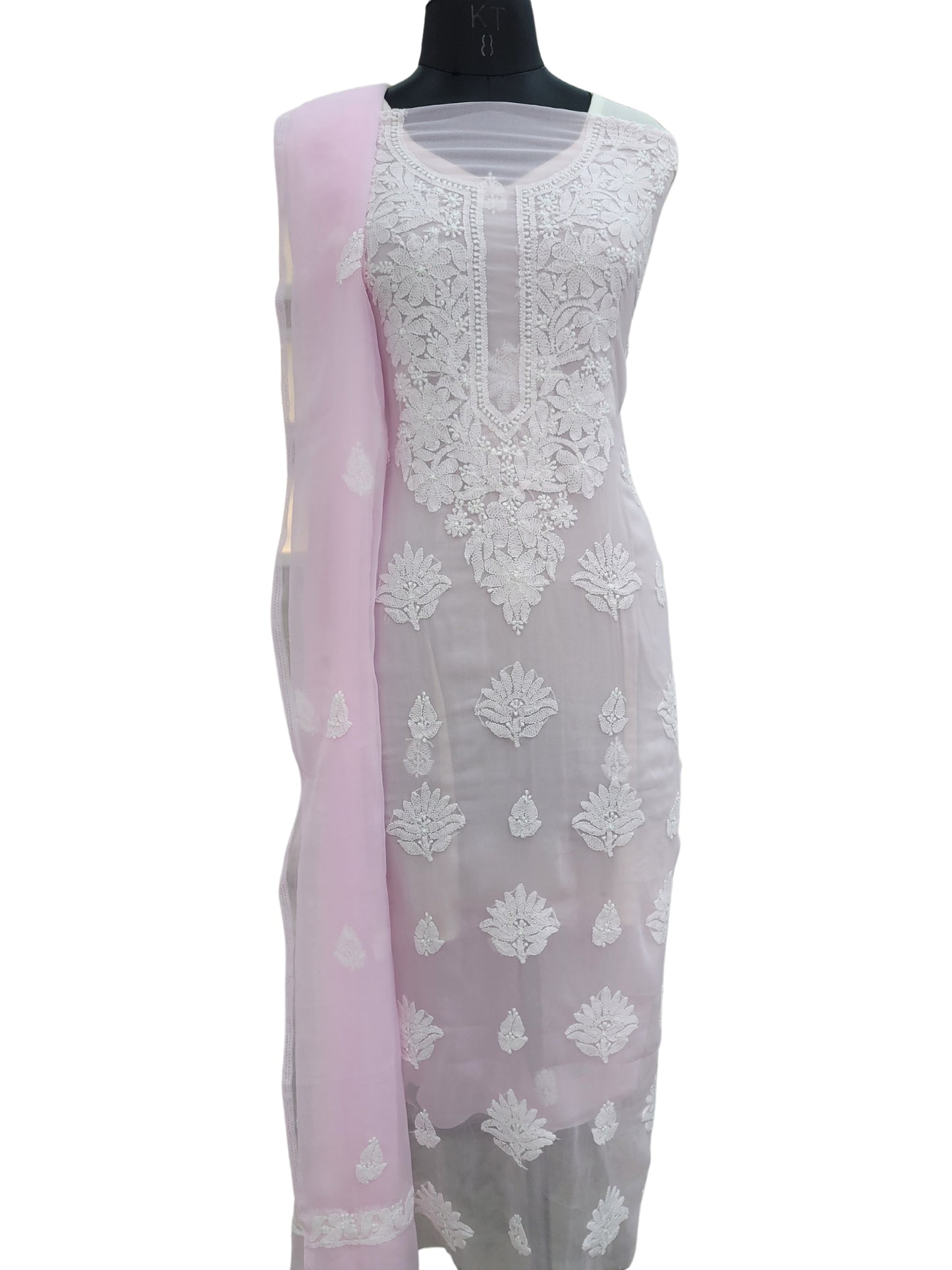 Shyamal Chikan Hand Embroidered Pink Georgette Lucknowi Chikankari Unstitched Suit Piece - S24392