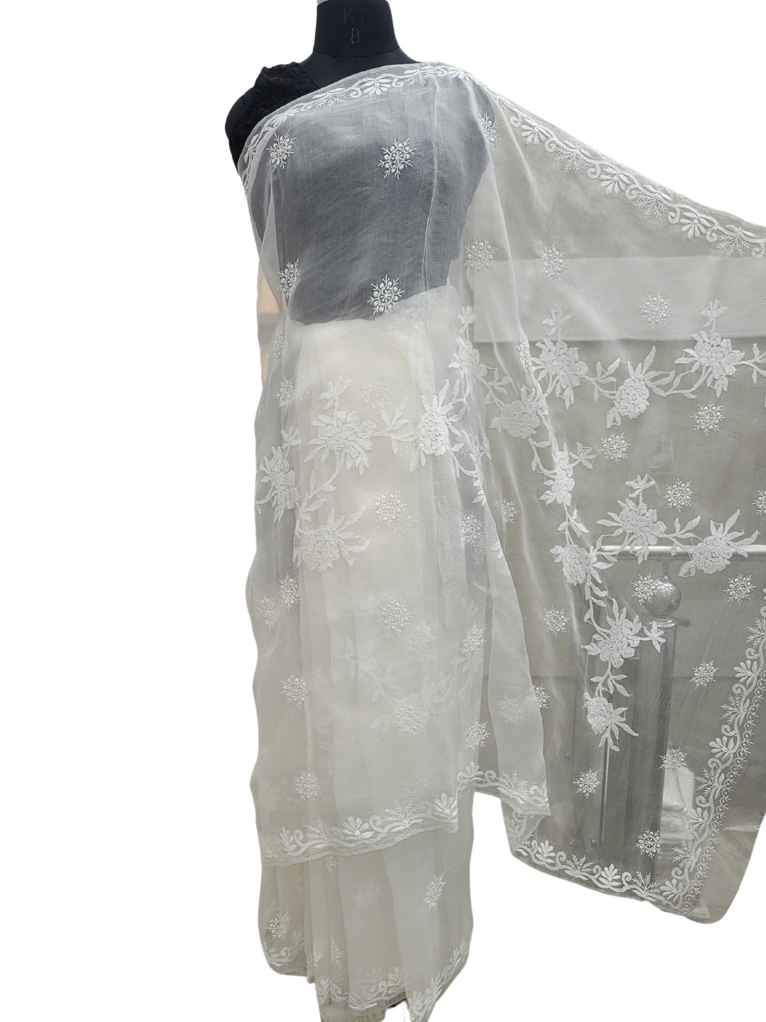 Shyamal Chikan Hand Embroidered White Pure Organza Lucknowi Chikankari Saree With Blouse Piece - S24990