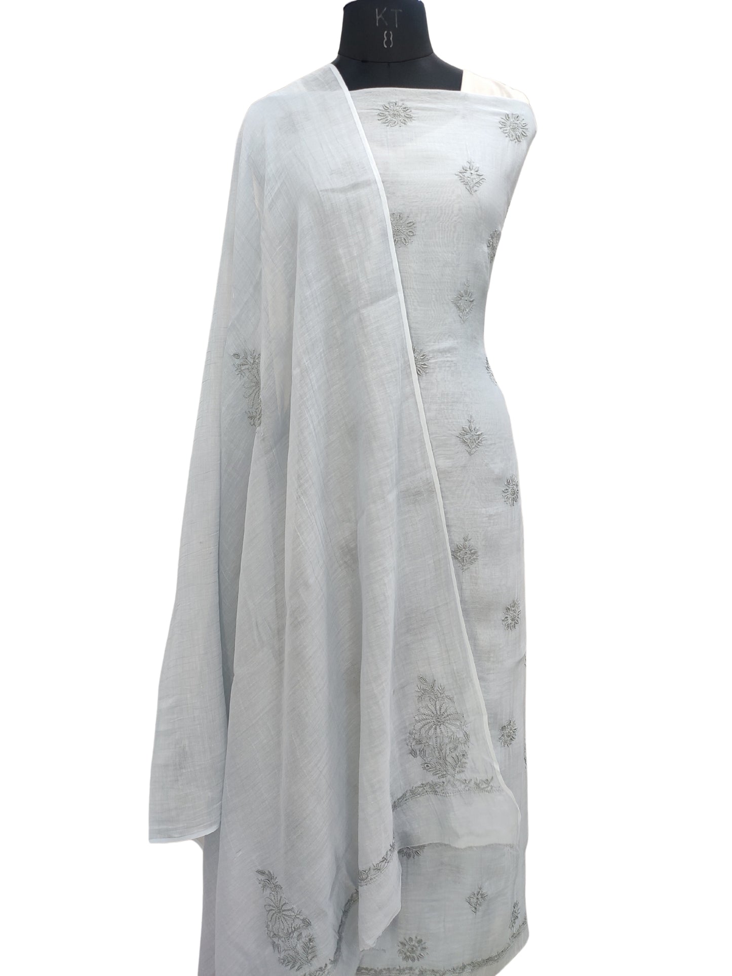 Shyamal Chikan Hand Embroidered Grey Mul Chanderi Lucknowi Chikankari Unstitched Suit Piece ( Kurta Dupatta Set ) - S20924