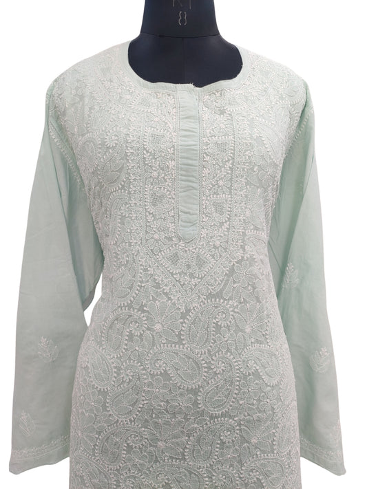 Shyamal Chikan Hand Embroidered Green Pure Cotton Lucknowi Chikankari semi stitched Short Top- S23181