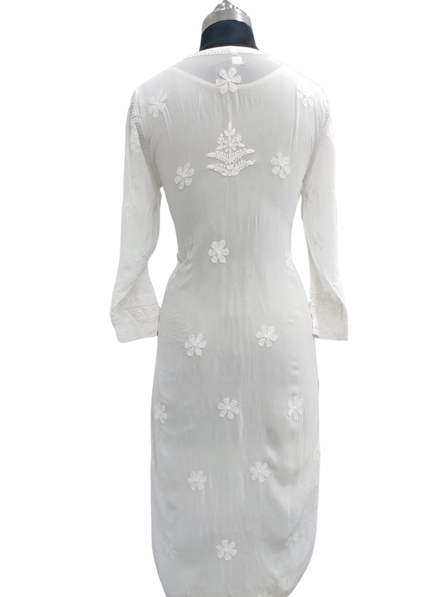 Shyamal Chikan Hand Embroidered White Viscose Georgette Lucknowi Chikankari Kurti With Crosia Work - S23854