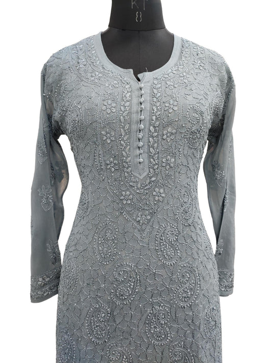 Shyamal Chikan Hand Embroidered Grey Viscose Georgette Lucknowi Chikankari Kurti - S20362