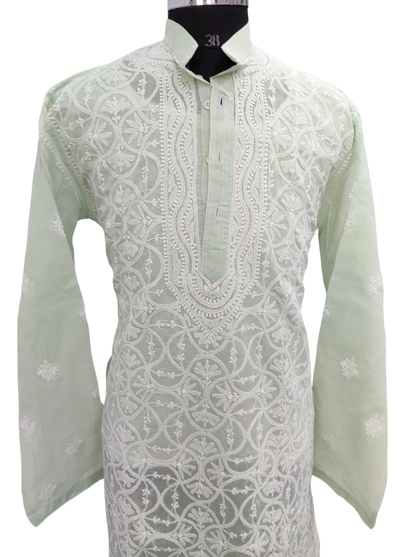 Shyamal Chikan Hand Embroidered Green Cotton Lucknowi Chikankari Men's Kurta –S22667