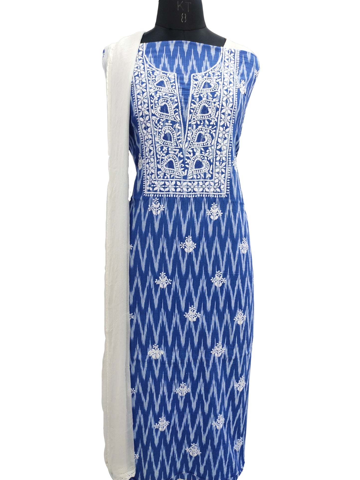 Shyamal Chikan Hand Embroidered Blue Ikat Cotton Lucknowi Chikankari Unstitched Suit Piece - S20825