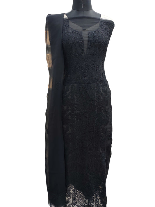 Shyamal Chikan Hand Embroidered Black Georgette Lucknowi Chikankari Unstitched Suit Piece - S21945