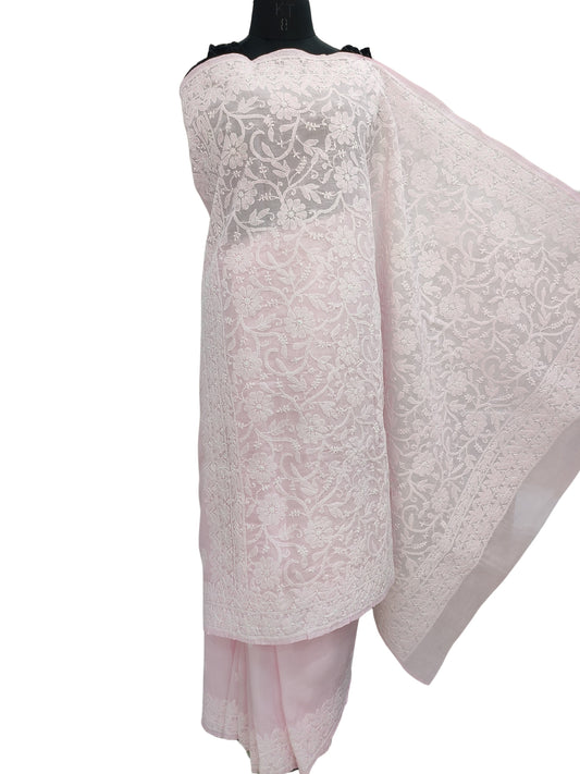 Shyamal Chikan Hand Embroidered Pink Cotton Lucknowi Chikankari Heavy Palla Saree With Blouse Piece- S22534