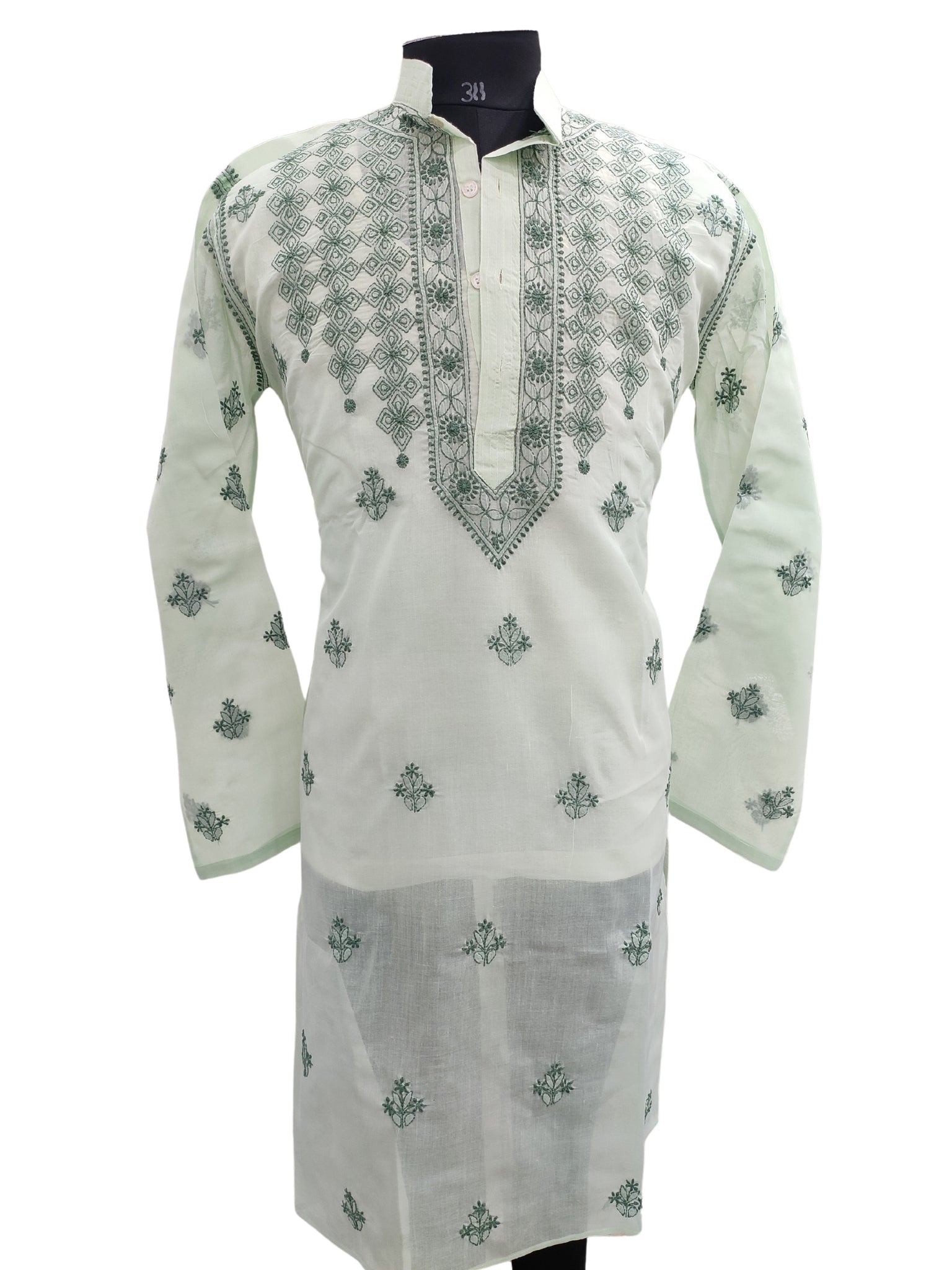 Shyamal Chikan Hand Embroidered Green Cotton Lucknowi Chikankari Men's Kurta – S23583