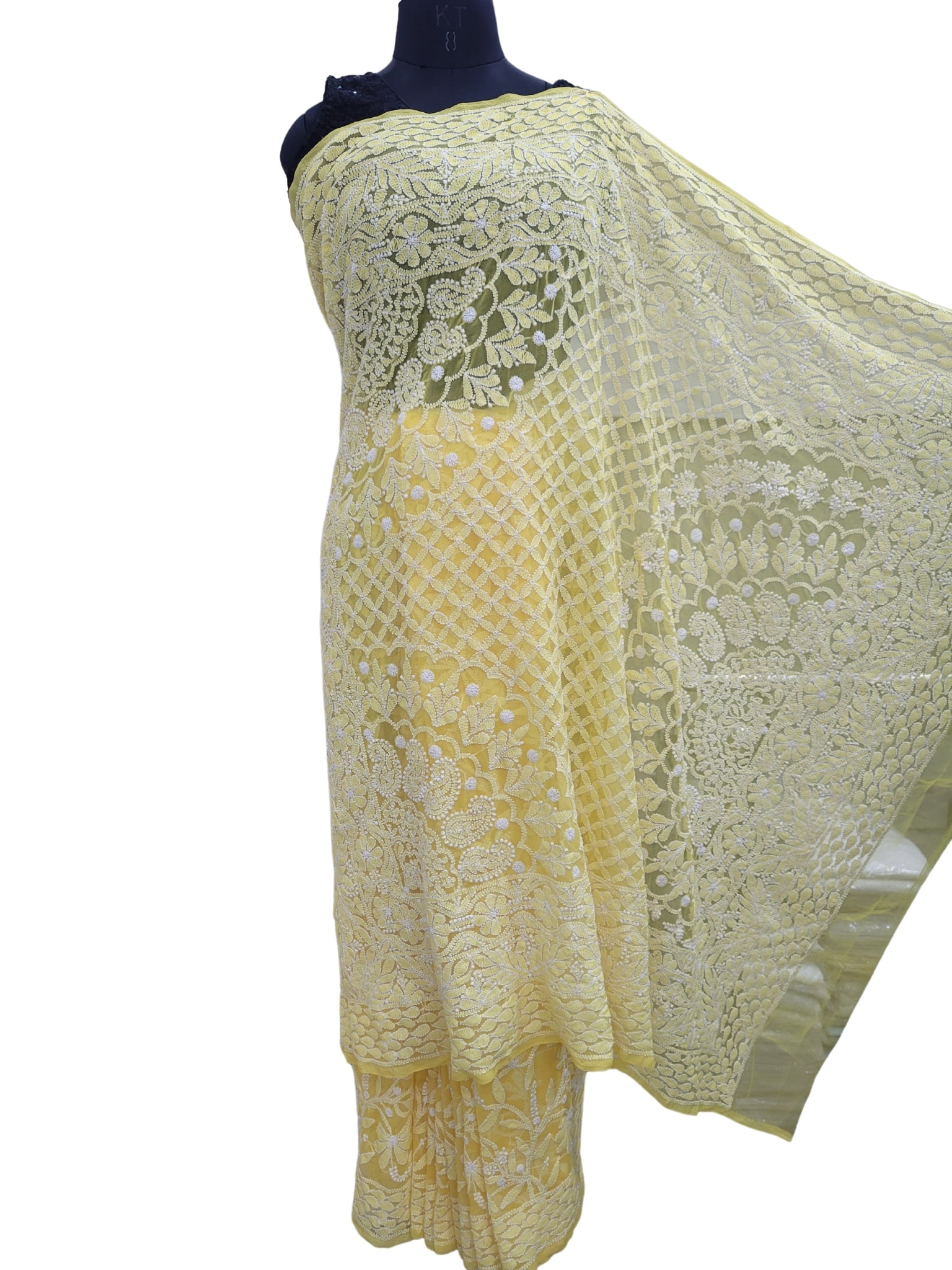 Shyamal Chikan Hand Embroidered Yellow Georgette Lucknowi Chikankari Full Jaal Saree With Blouse Piece - S25195