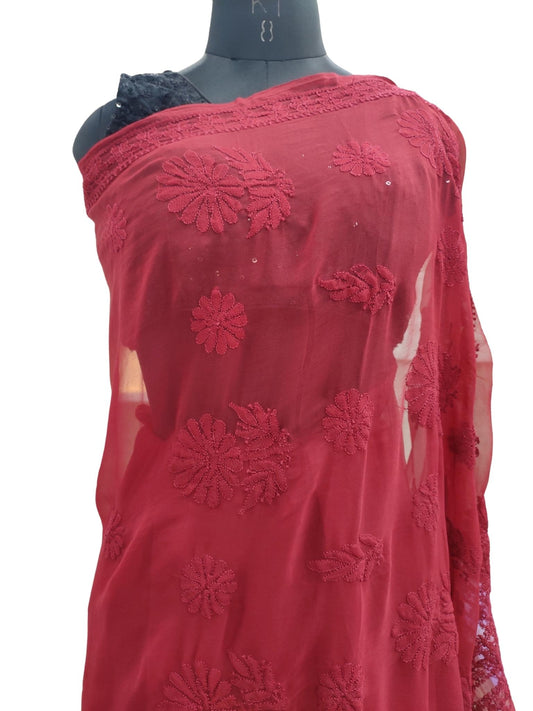 Shyamal Chikan Hand Embroidered Maroon Georgette Lucknowi Chikankari Saree With Blouse Piece - S21326