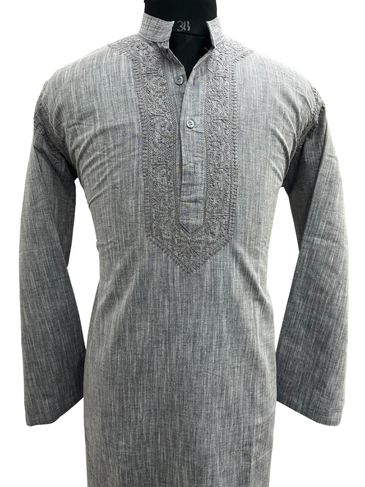 Shyamal Chikan Hand Embroidered Grey Cotton Lucknowi Chikankari Men's Kurta– S20665