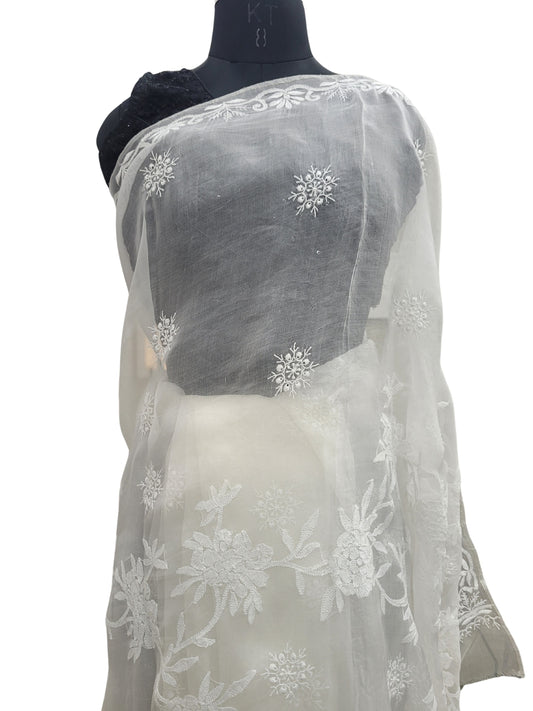 Shyamal Chikan Hand Embroidered White Pure Organza Lucknowi Chikankari Saree With Blouse Piece - S24990