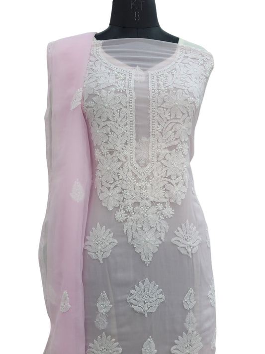 Shyamal Chikan Hand Embroidered Pink Georgette Lucknowi Chikankari Unstitched Suit Piece - S24392