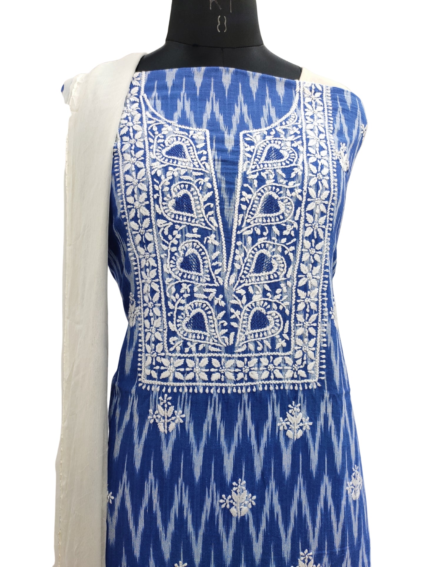 Shyamal Chikan Hand Embroidered Blue Ikat Cotton Lucknowi Chikankari Unstitched Suit Piece - S20825