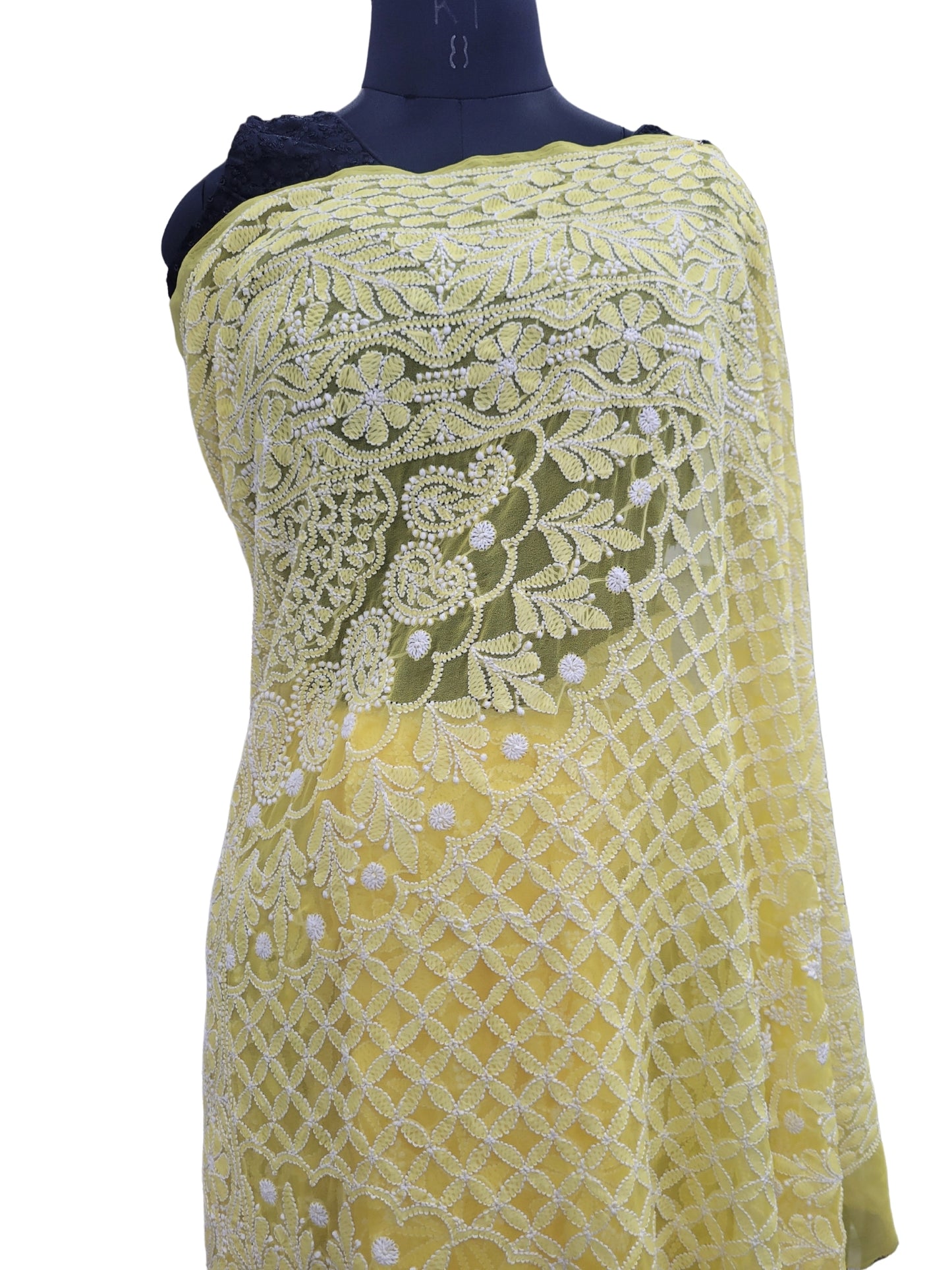 Shyamal Chikan Hand Embroidered Yellow Georgette Lucknowi Chikankari Full Jaal Saree With Blouse Piece - S25195