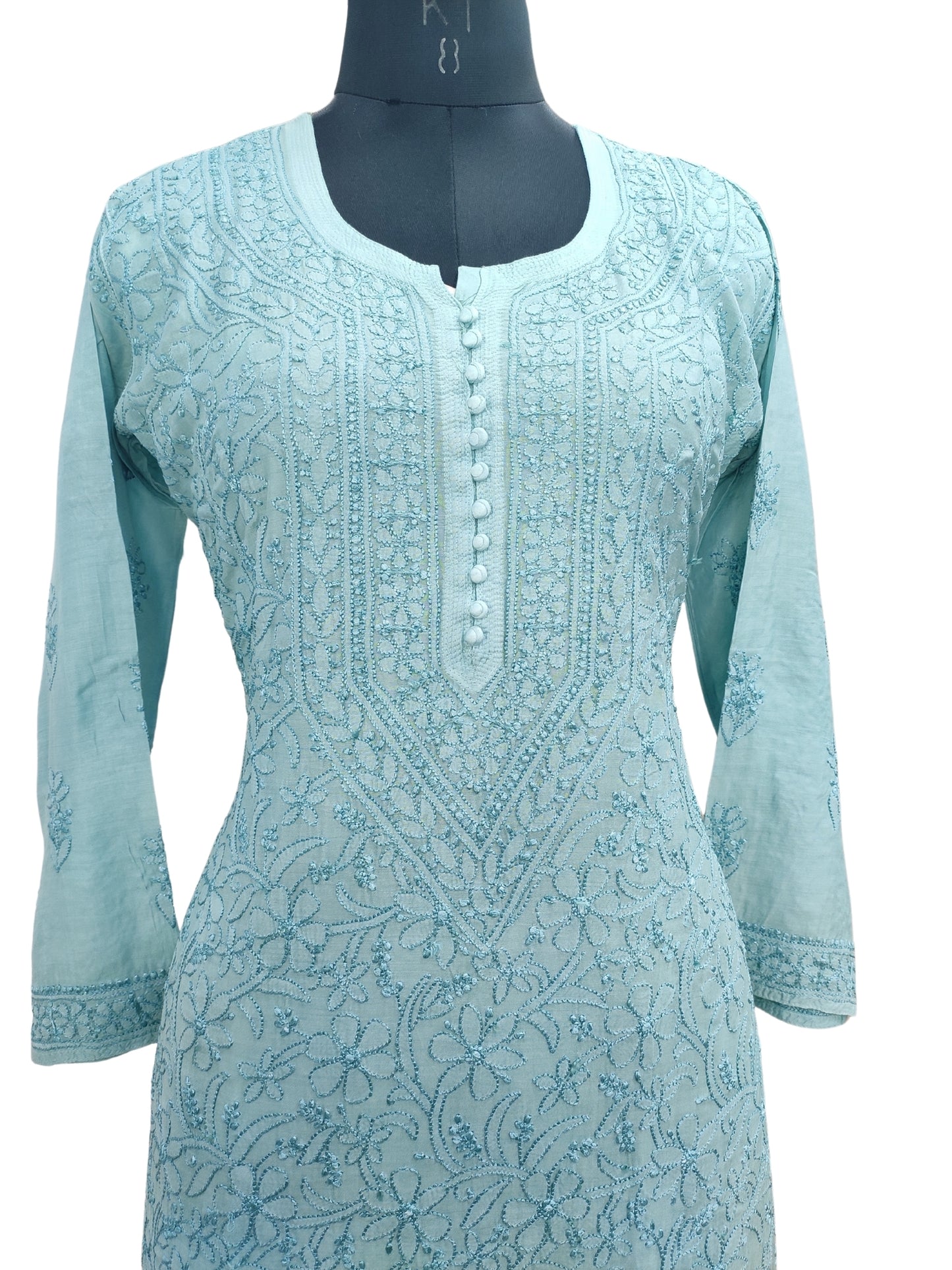 Shyamal Chikan Hand Embroidered Green Muslin Lucknowi Chikankari Kurti - 23910