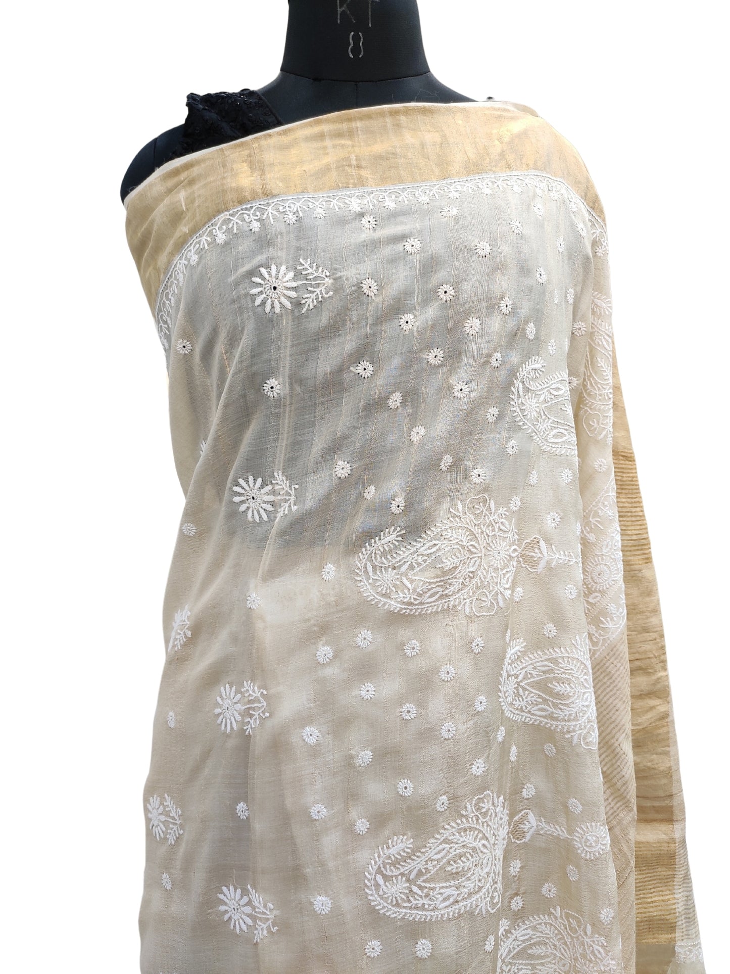 Shyamal Chikan Hand Embroidered Beige Pure Desi Tusser Silk Lucknowi Chikankari Saree With Blouse Piece- S21491