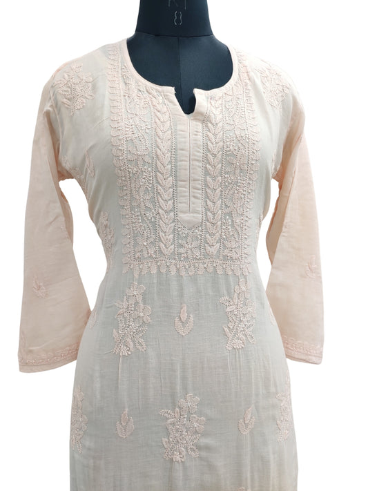 Shyamal Chikan Hand Embroidered Peach Mul Lenin Lucknowi Chikankari Kurti- 23847