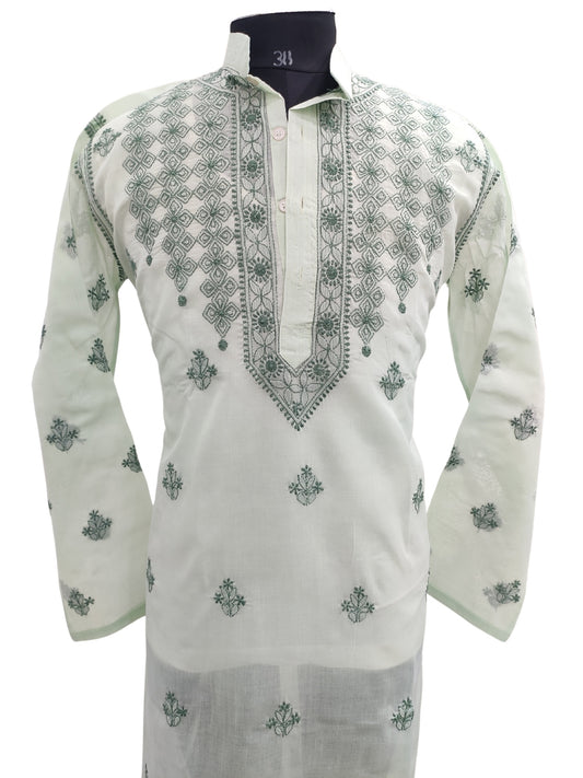 Shyamal Chikan Hand Embroidered Green Cotton Lucknowi Chikankari Men's Kurta – S23583