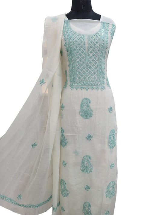 Shyamal Chikan Hand Embroidered White Mul Chanderi Lucknowi Chikankari Unstitched Suit Piece with Cutdana & Sequin Work (Kurta Dupatta Set) - S23971