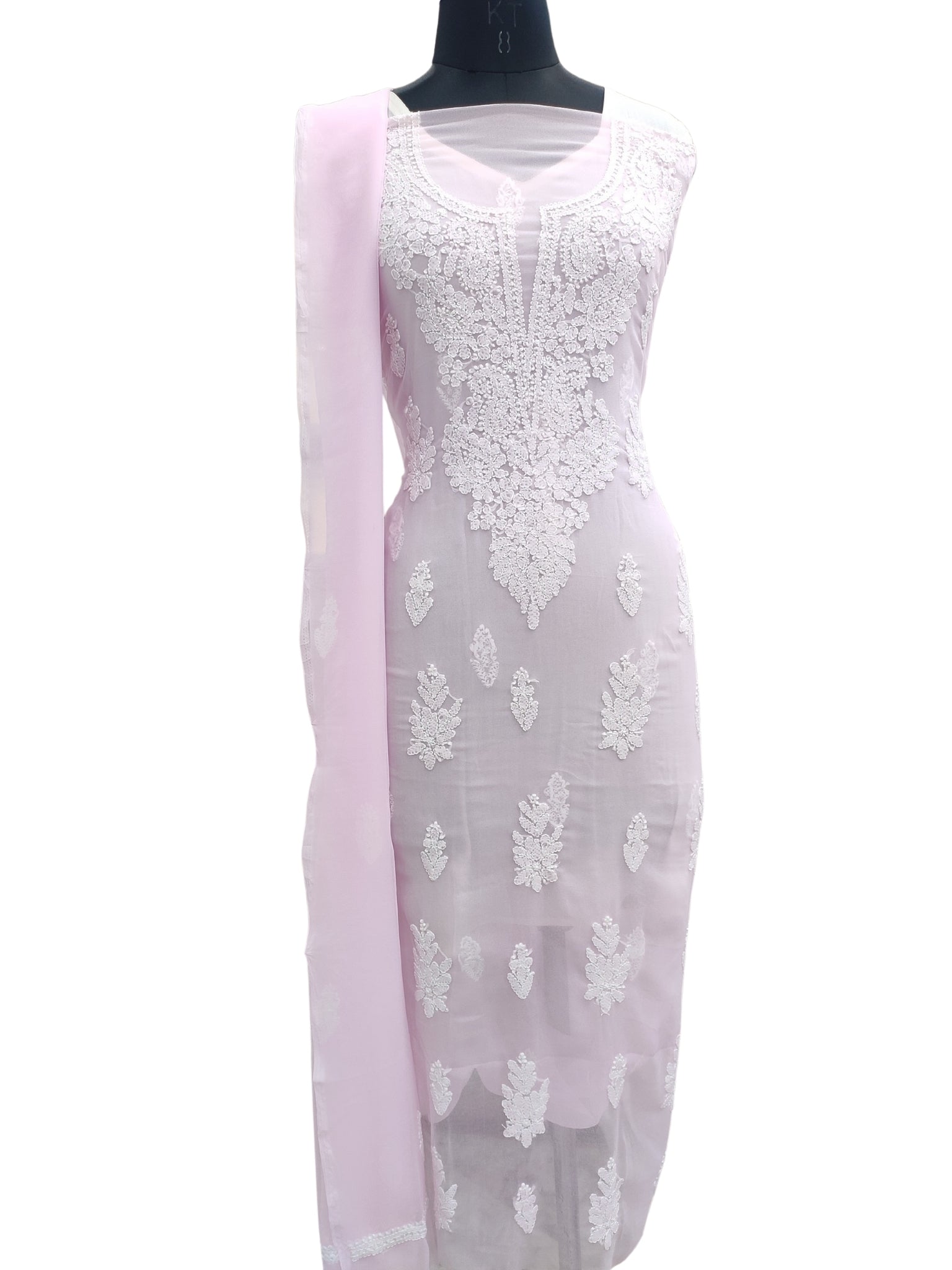 Shyamal Chikan Hand Embroidered Pink Georgette Lucknowi Chikankari Unstitched Suit Piece - 24102